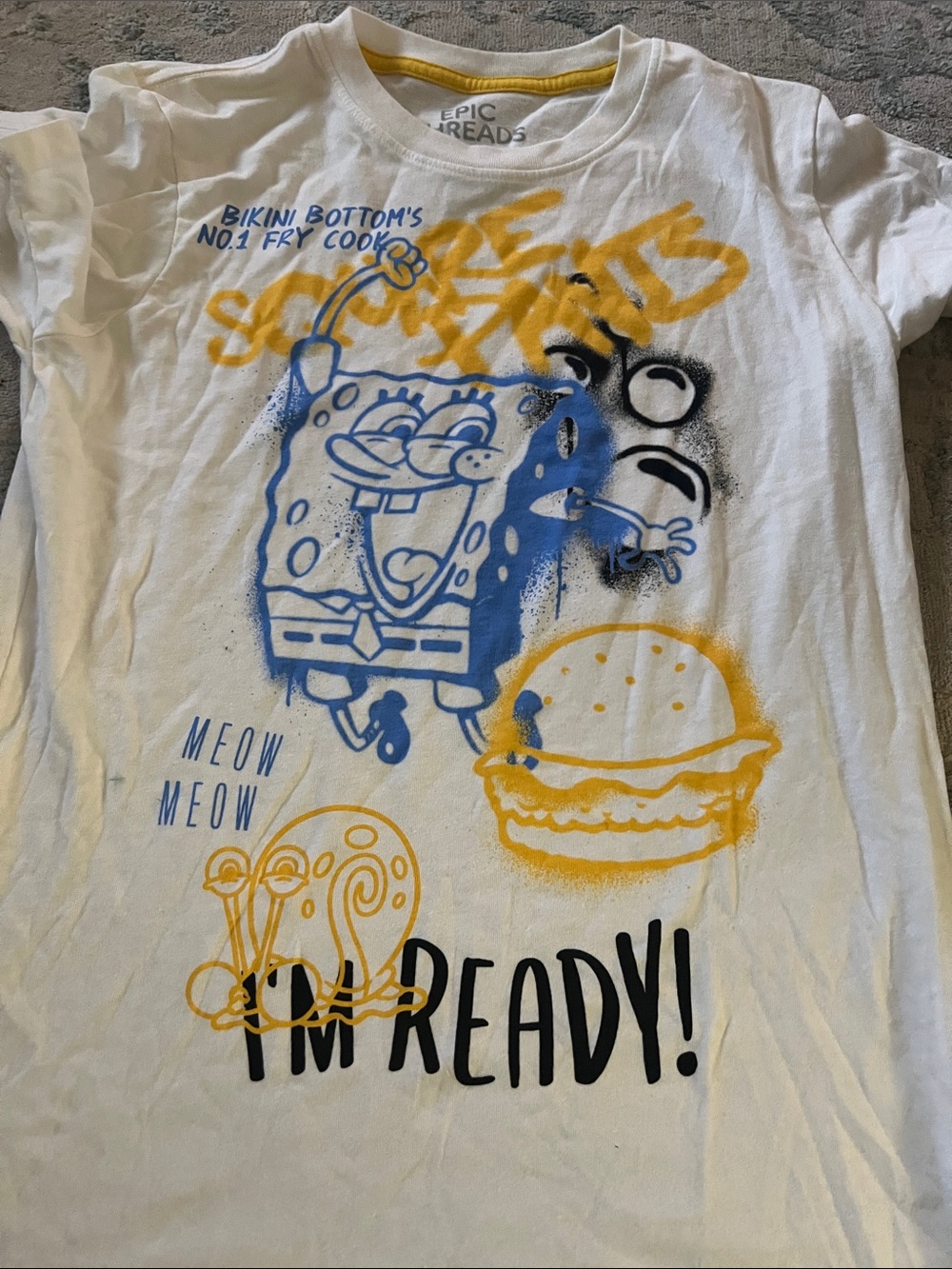 Epic Threads White SpongeBob Graphic Tee with Blue and Yellow Print